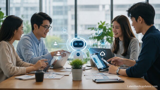 Team collaborating with AI support in a modern office