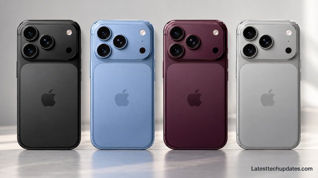 iPhone 18 Pro Max concept in black, blue, burgundy, and silver with redesigned triple-camera system