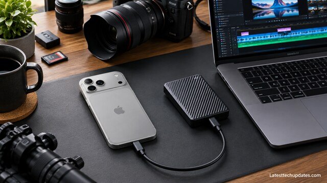iPhone 18 Pro Max connected to an external SSD by USB-C on a professional video editing desk.