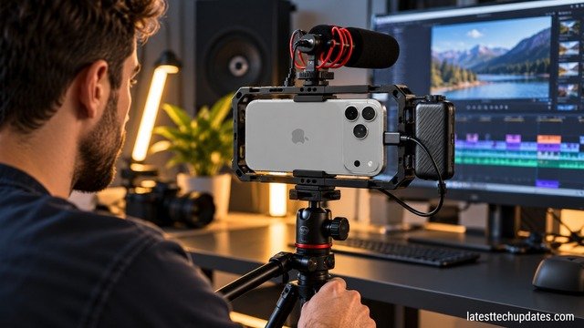 iPhone 18 Pro Max mounted in a professional video cage with external SSD and microphone in a content creator studio.