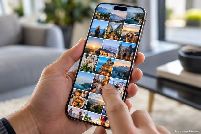 Hand holding an iPhone 18 Pro Max while scrolling through a photo gallery on a bright OLED display.