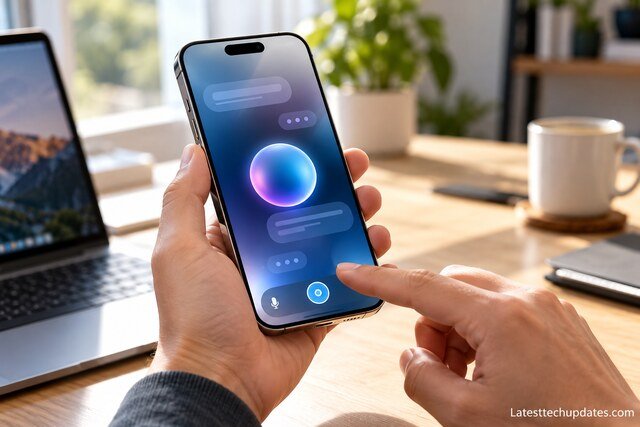 iPhone 18 Pro Max displaying an AI assistant interface in a bright modern home office.
