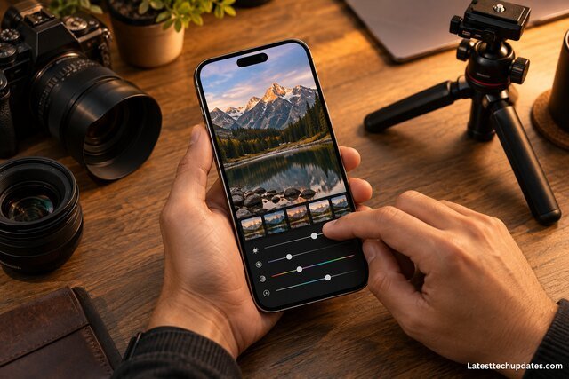 18 Pro Max used for professional mobile photo editing on a wooden studio desk with camera gear and tripod.